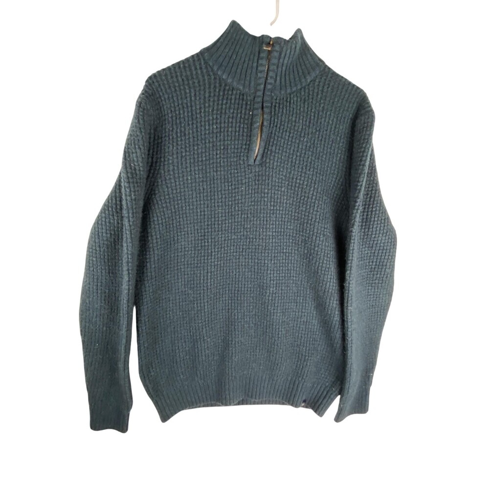 Fat Face Sweater Mens Large Blue Waffle Knit 1/4 Zip Mock Neck Pullover Warm